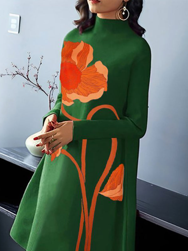 A-Line Long Sleeves Flower Print Split-Joint High Neck Midi Dresses