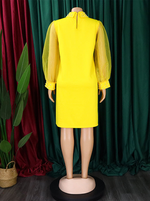 Puff Sleeves Beads Mesh Solid Color Split-Joint Round-neck Midi Dresses