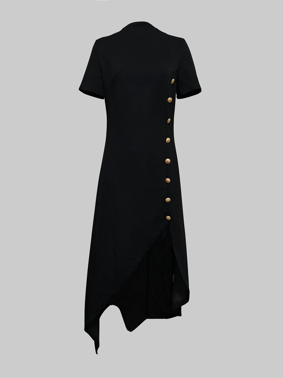 High-low Short Sleeves Buttoned Solid Color Round-neck Maxi Dresses