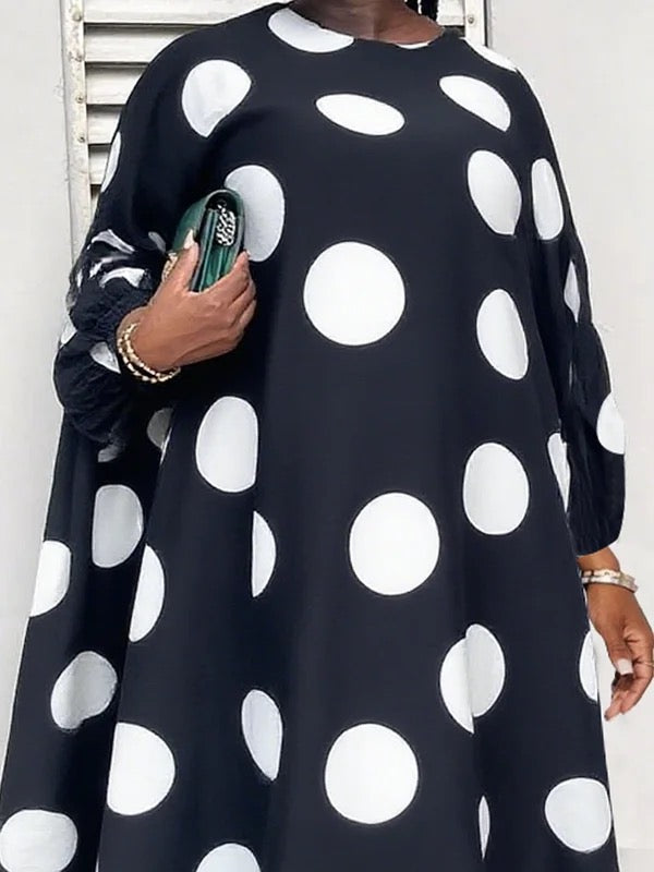 Long Sleeves Loose Contrast Color Polka-Dot Round-Neck Maxi Dresses