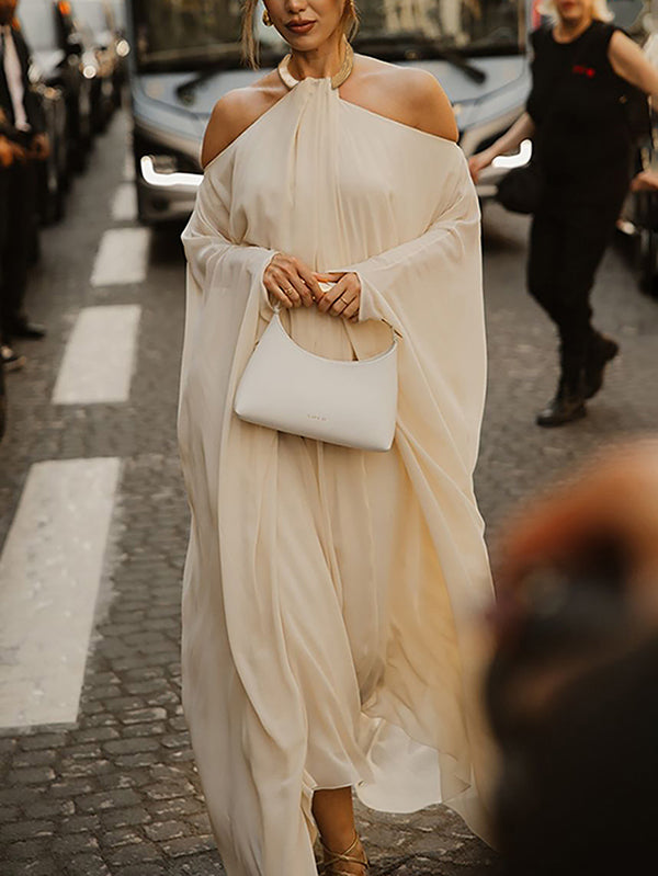 Long Sleeves Loose Solid Color Halter-Neck Maxi Dresses