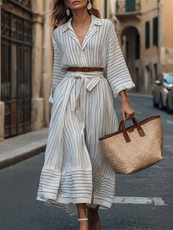 Long Sleeves Loose Belted Buttoned Striped Notched Collar Midi Dresses Shirt Dress