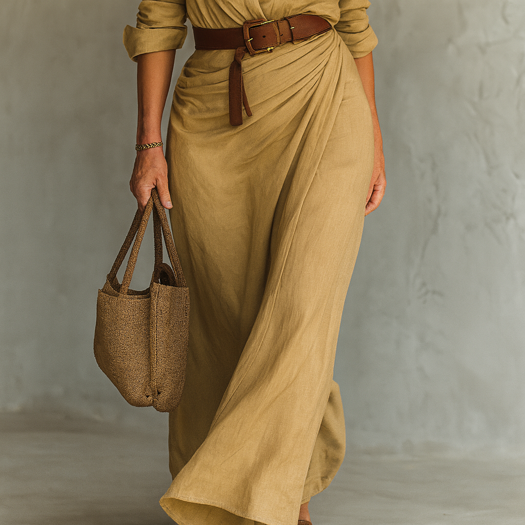 Timeless Belted Maxi Dress — Lapel Collar & Long Sleeves