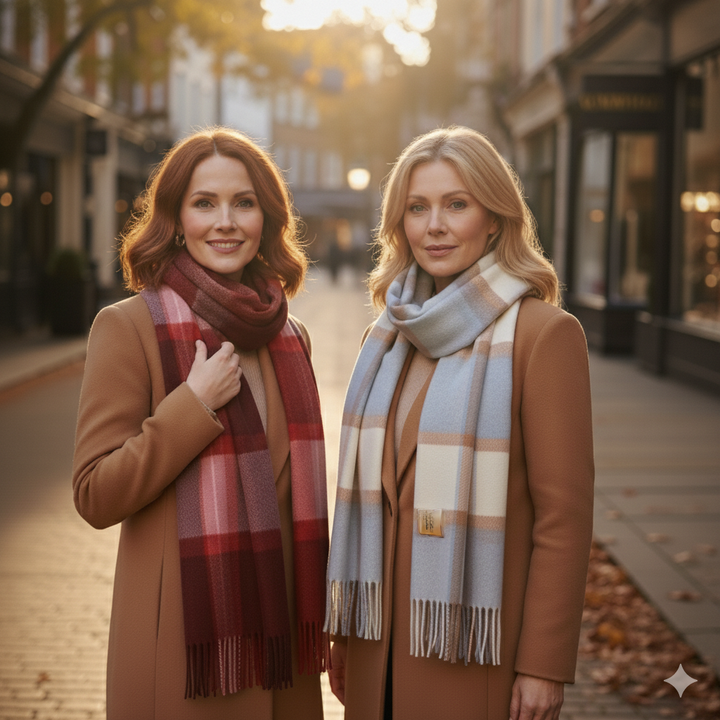 The Grace™ Wool Check Scarf – Soft Warmth in Blush & Grey Tones