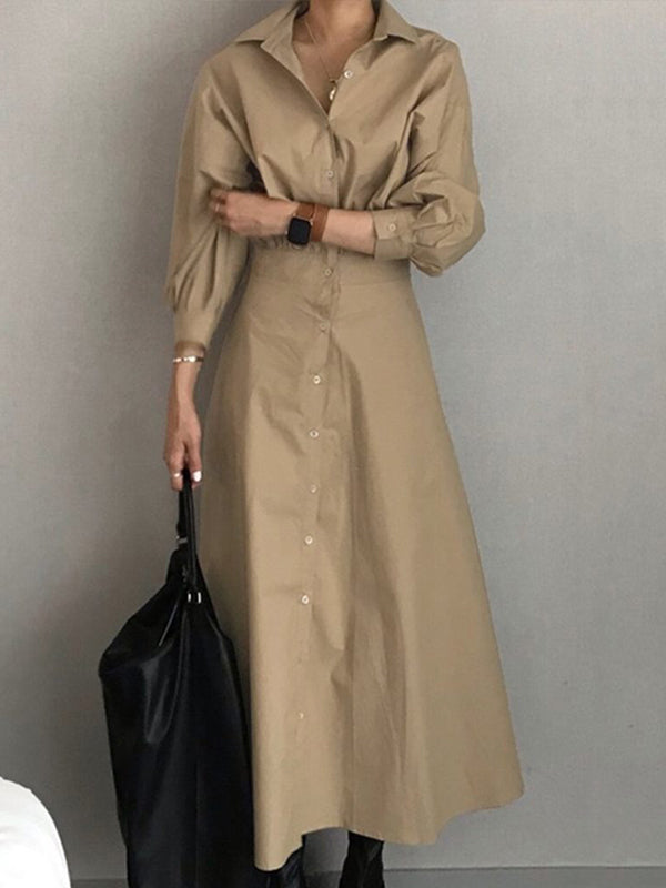 Loose Puff Sleeves Pleated Solid Color Split-Joint Lapel Maxi Dresses Shirt Dress
