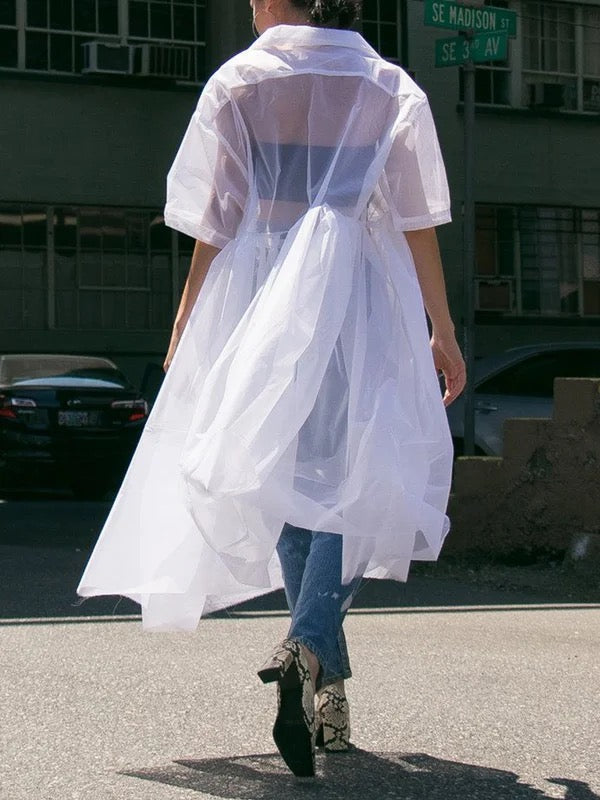 Half Sleeves High Waisted Pleated See-Through Solid Color Lapel Midi Dresses Shirt Dress