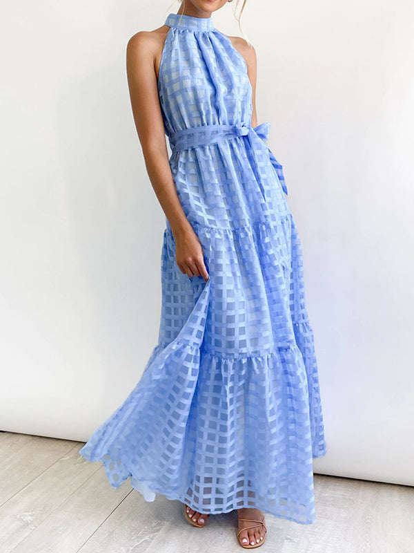 Loose Sleeveless Plaid Ribbed Stand Collar Maxi Dresses