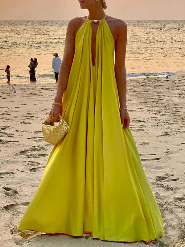 Sleeveless Solid Color Deep V-Neck Maxi Dresses