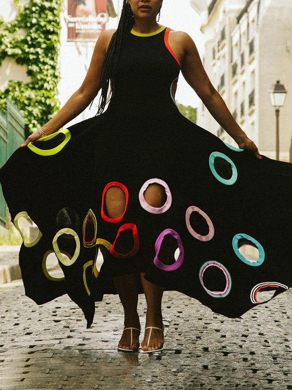 A-Line High Waisted Contrast Color Hollow Round-Neck Maxi Dresses