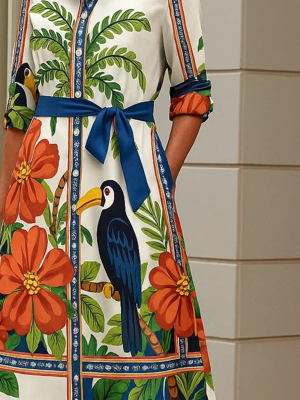 A-Line Long Sleeves Buttoned Contrast Color Flower Print Pockets Tied Waist Lapel Midi Dresses