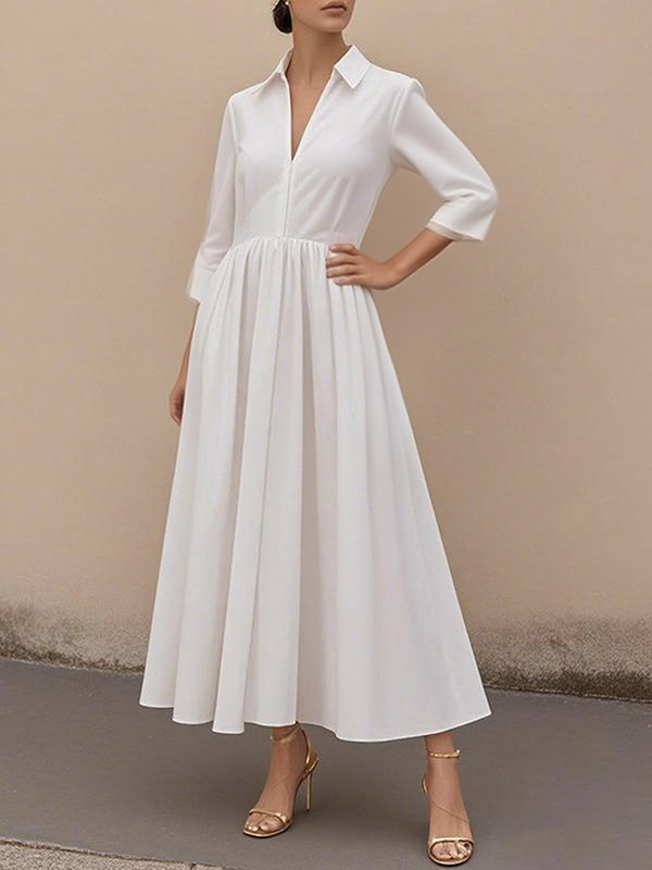 A-Line High Waisted Pleated Solid Color V-Neck Maxi Dresses