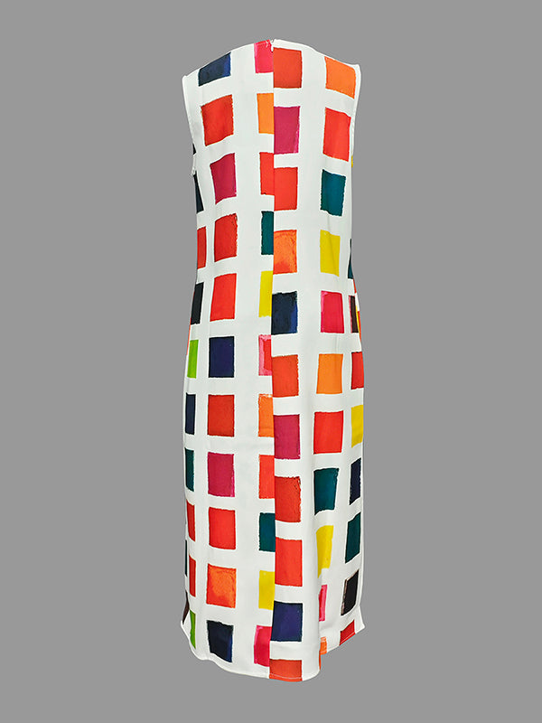 A-Line Loose Contrast Color Pockets Split-Side Round-Neck Midi Dresses