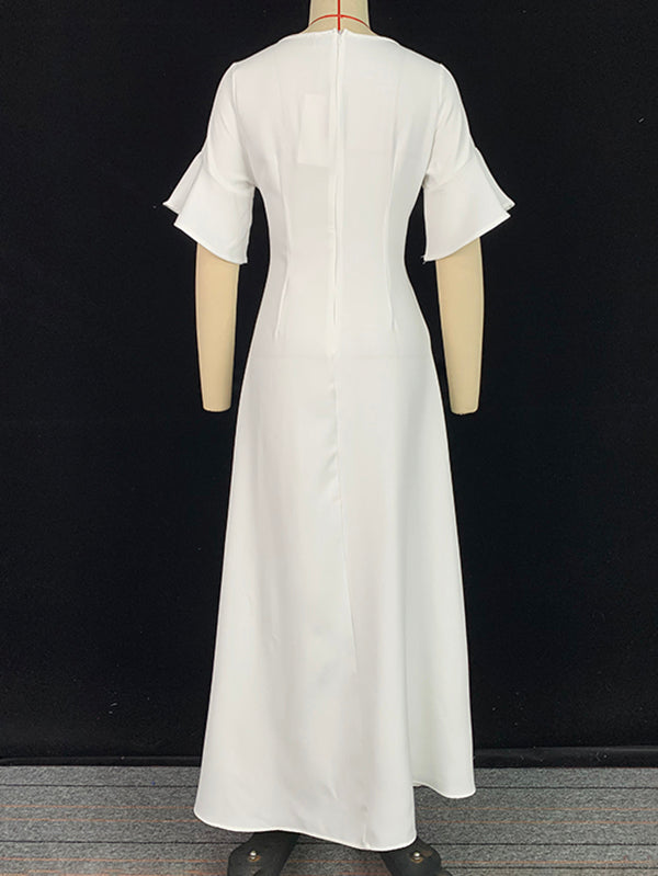 A-Line Flared Sleeves Shiny Solid Color Split-Joint Square-Neck Maxi Dresses