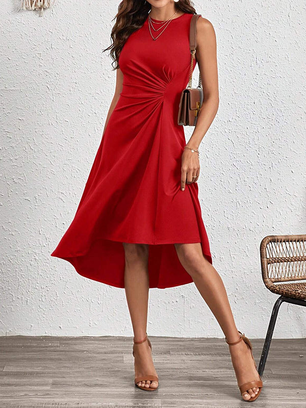 A-Line High Waisted Asymmetric Pleated Solid Color Split-Joint Round-Neck Midi Dresses