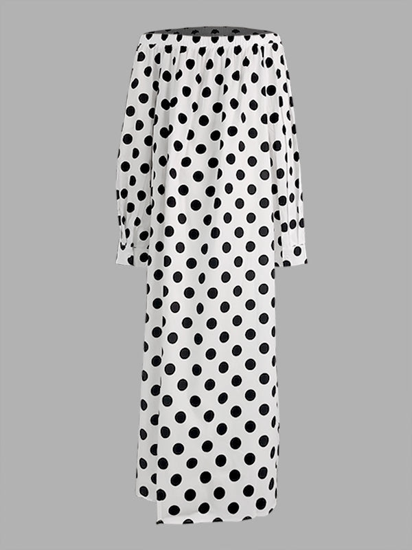 A-Line Long Sleeves Elasticity Polka-Dot Split-Joint Off-The-Shoulder Maxi Dresses