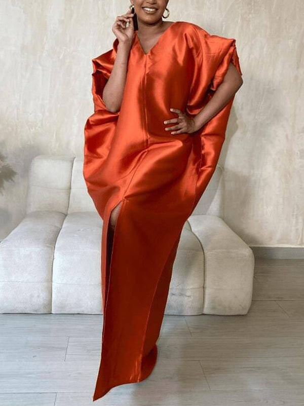 Half Sleeves Loose Elasticity Pleated Solid Color Split-Front V-Neck Maxi Dresses