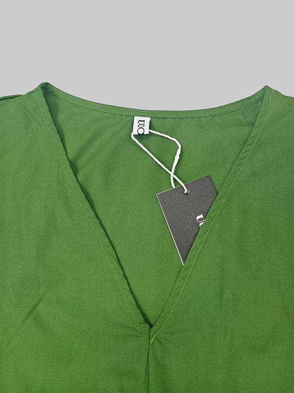 Loose Short Sleeves Pleated Pockets Solid Color Split-Joint V-Neck Maxi Dresses