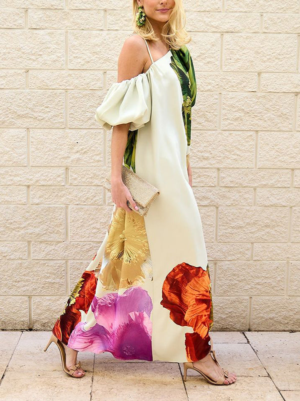 A-Line Loose Elasticity Flower Print One-Shoulder Maxi Dresses
