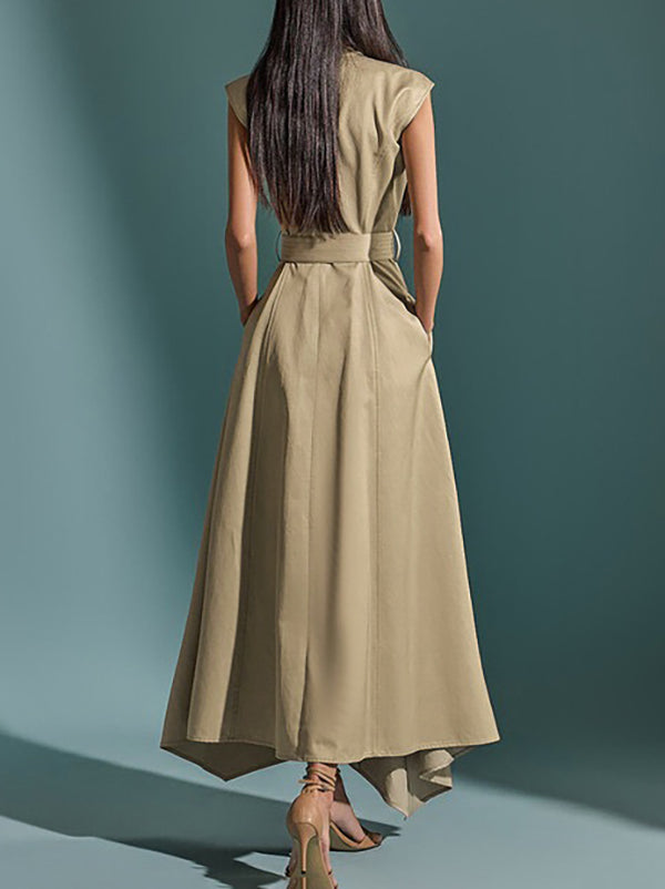A-Line High Waisted Belted Buttoned Pockets Solid Color Round-Neck Maxi Dresses