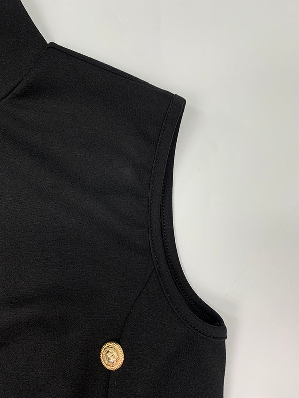 Bodycon Sleeveless Buttoned Solid Color Split-Side High Neck Maxi Dresses