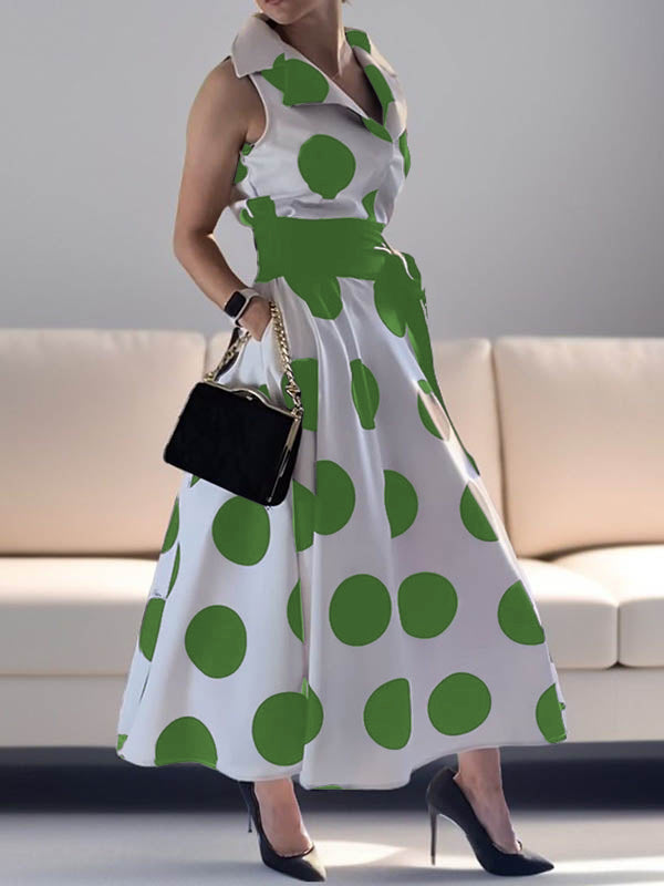 A-Line Sleeveless Polka-Dot Split-Joint Tied Waist Lapel Maxi Dresses Shirt Dress