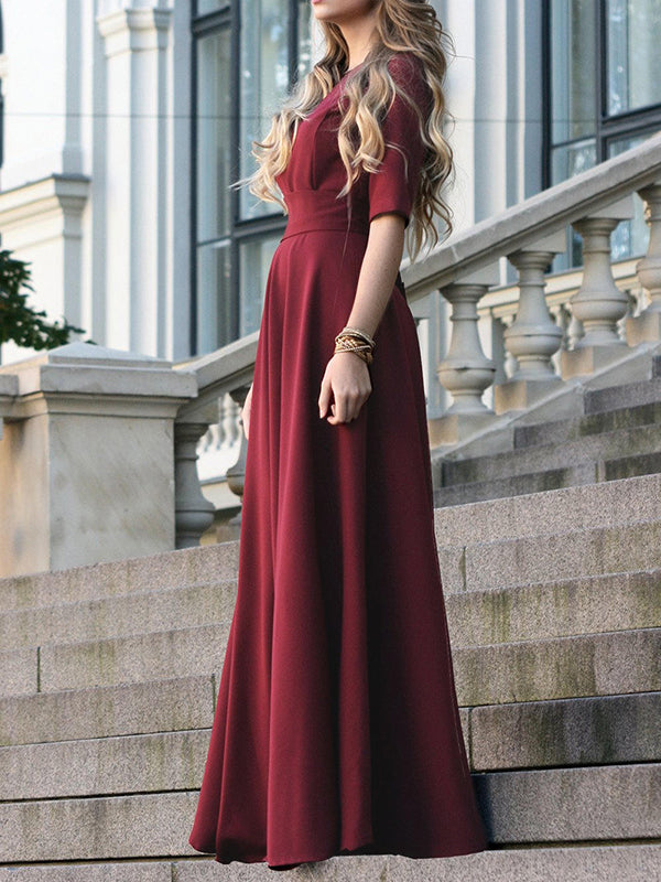 Half Sleeves High Waisted Solid Color Tied Waist V-Neck Maxi Dresses