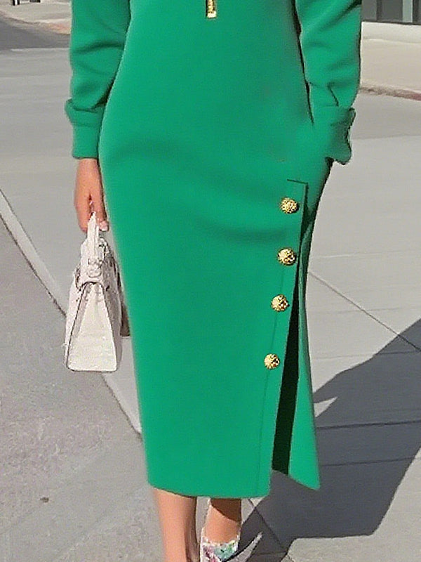 Long Sleeves Asymmetric Split-Joint Split-Side Zipper Lapel Maxi Dresses