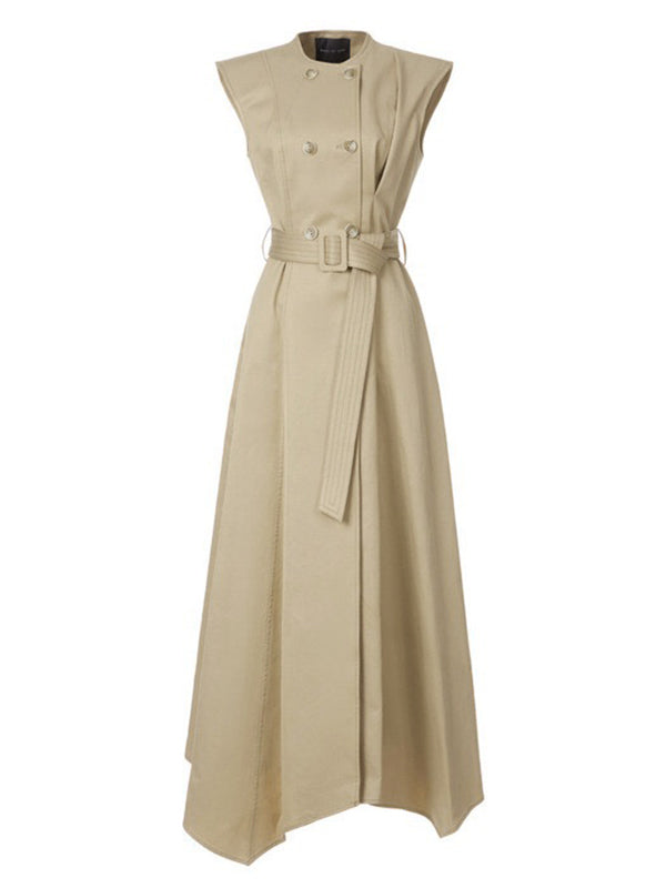 A-Line High Waisted Belted Buttoned Pockets Solid Color Round-Neck Maxi Dresses