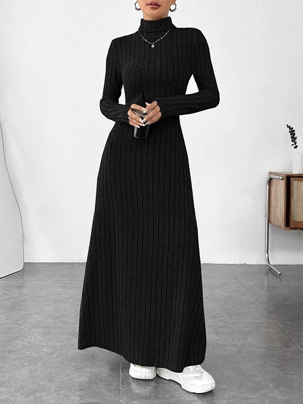 Long Sleeves Pleated Solid Color Split-Joint High Neck Maxi Dresses