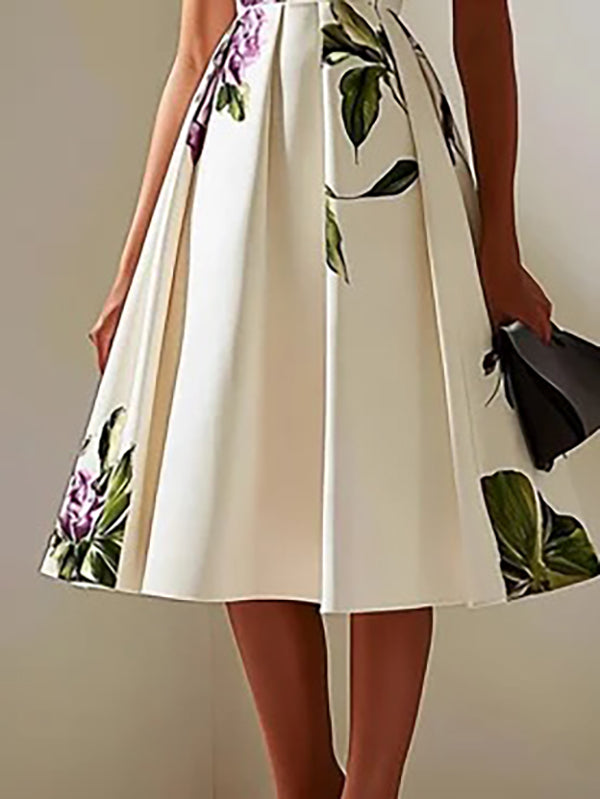 A-Line High Waisted Flower Print Pleated Round-Neck Midi Dresses