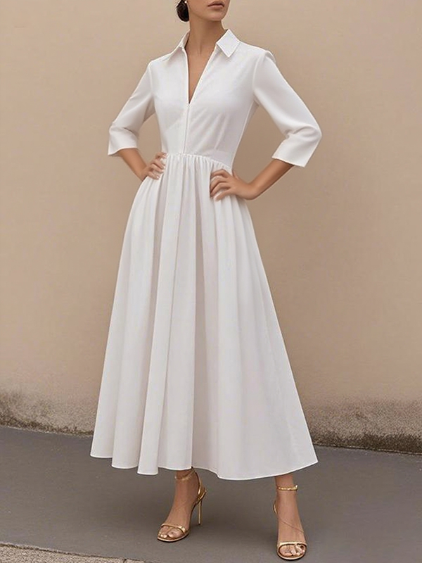 A-Line High Waisted Pleated Solid Color V-Neck Maxi Dresses