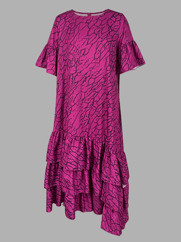 Flared Sleeves Half Sleeves Asymmetric Layered Pleated Printed Ruffle Trim Round-Neck Maxi Dresses