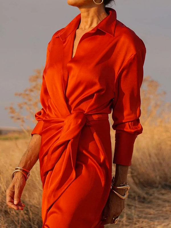 Long Sleeves Loose Solid Color Lapel Collar Maxi Shirt Dresses