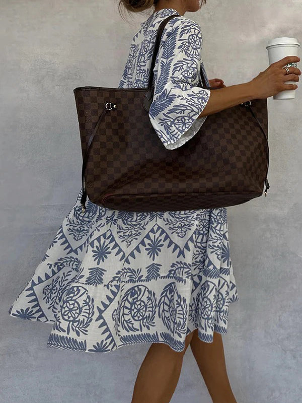 Loose Three-Quarter Sleeves Falbala Printed V-Neck Midi Dresses