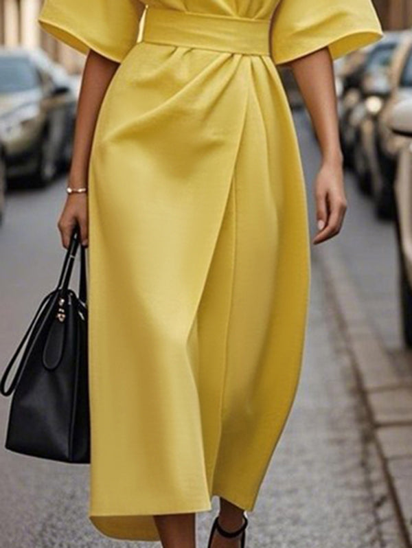 Loose Short Sleeves Pleated Solid Color Split-Joint Round-Neck Midi Dresses