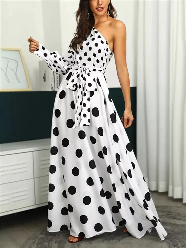Long Sleeves Loose Contrast Color Polka-Dot Tied Waist One-Shoulder Maxi Dresses