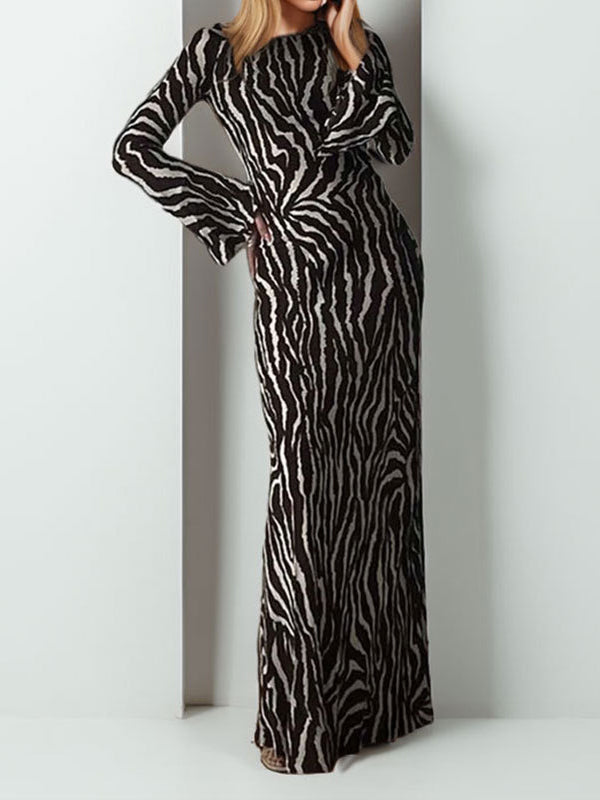 Long Sleeves Split-Toe Zebra Printed Round-Neck Maxi Dresses
