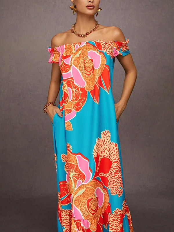 A-Line Loose Elasticity Flower Print Pleated Split-Joint Off-The-Shoulder Maxi Dresses