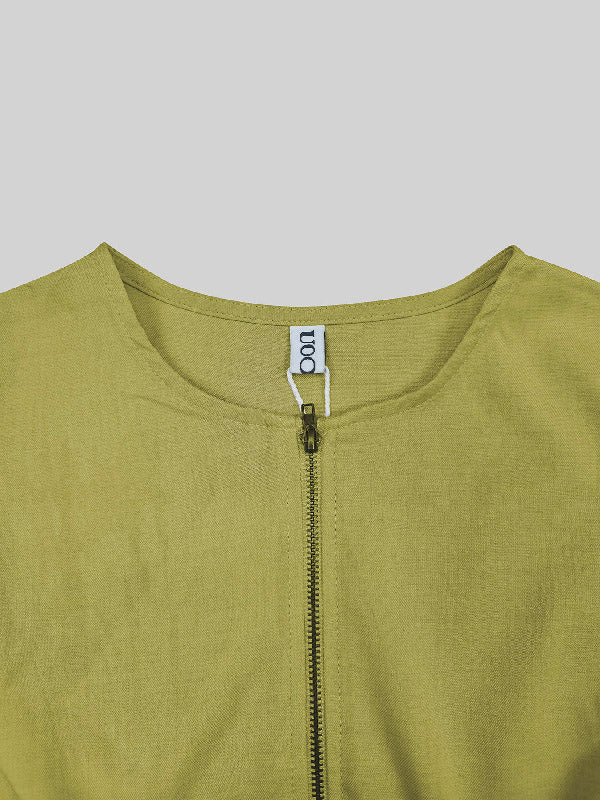 A-Line Loose Pleated Pockets Split-Joint Zipper Round-Neck Maxi Dresses