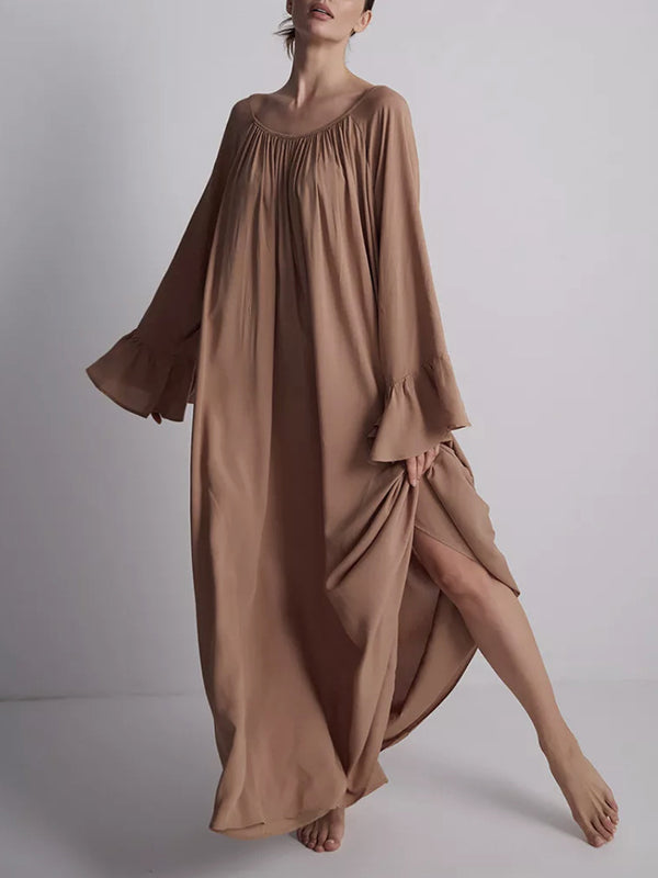 A-Line Flared Sleeves Pleated Solid Color Split-Joint Round-Neck Maxi Dresses
