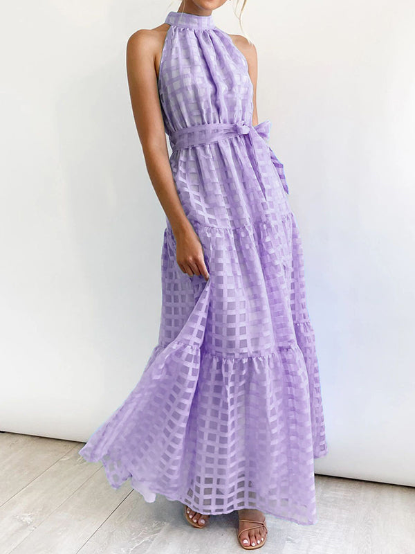 Loose Sleeveless Plaid Ribbed Stand Collar Maxi Dresses