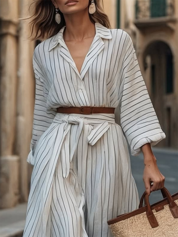 Long Sleeves Loose Belted Buttoned Striped Notched Collar Midi Dresses Shirt Dress