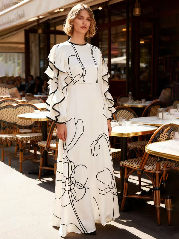 Loose Contrast Color Falbala Flower Print Hollow Zipper Maxi Dresses