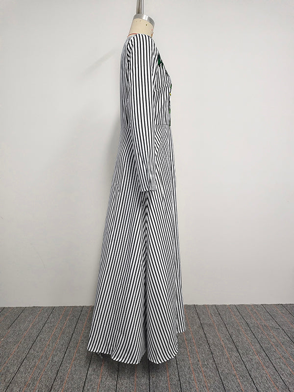 A-Line Loose Asymmetric Split-Joint Striped V-Neck Maxi Dresses Shirt Dress