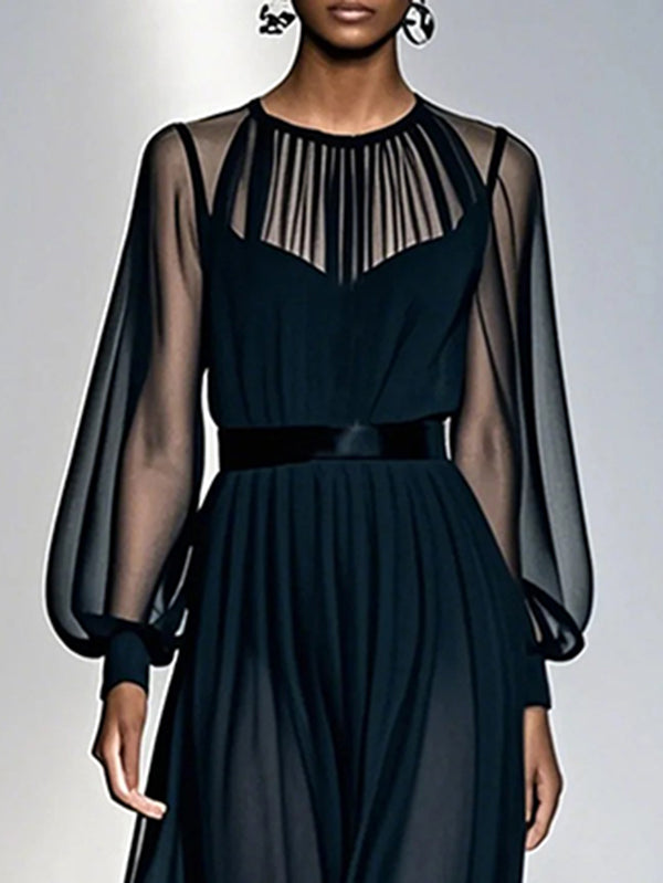 False Two Loose Gauze Pleated See-Through Round-Neck Maxi Dresses