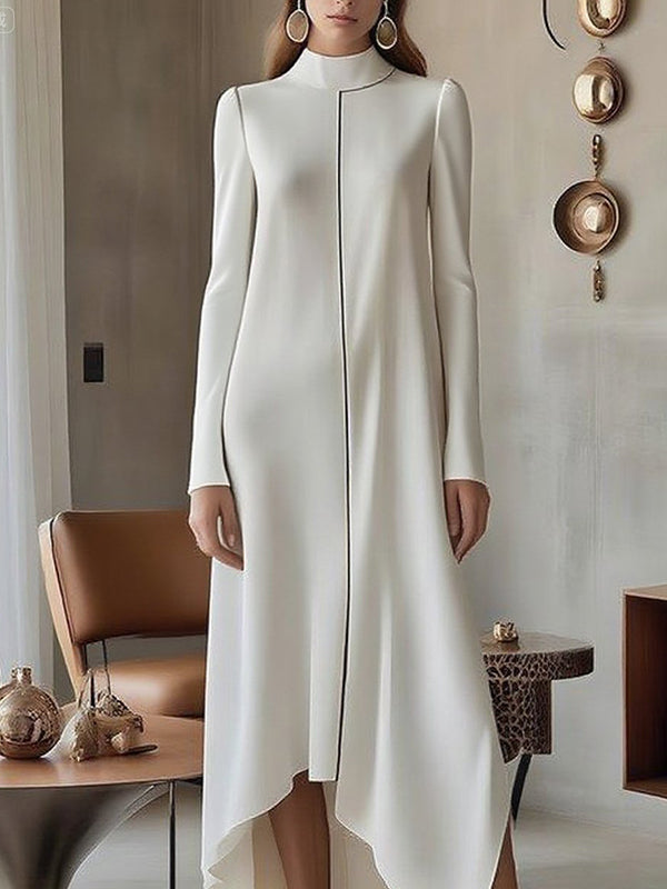 Long Sleeves Solid Color Split-Joint Mock Neck Maxi Dresses