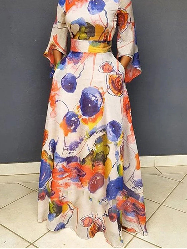 High Waisted Loose Contrast Color Pockets Round-Neck Maxi Dresses