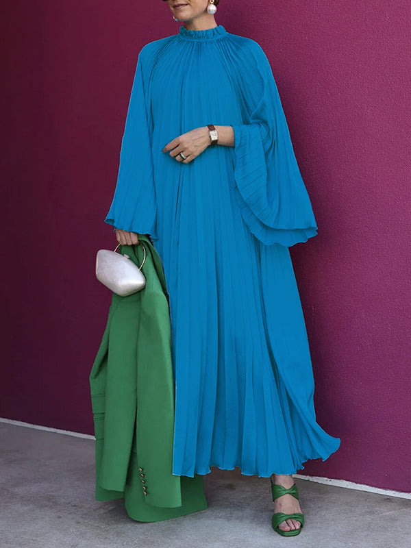 Flared Sleeves Loose Pleated Ruffled Solid Color Split-Joint High Neck Maxi Dresses
