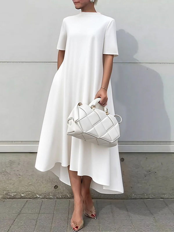 High-Low Short Sleeves Solid Color Maxi Dresses