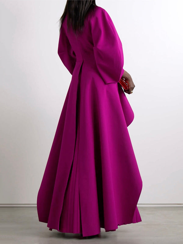Long Sleeves Loose Pleated Solid Color Split-Joint Tiered Round-Neck Maxi Dresses